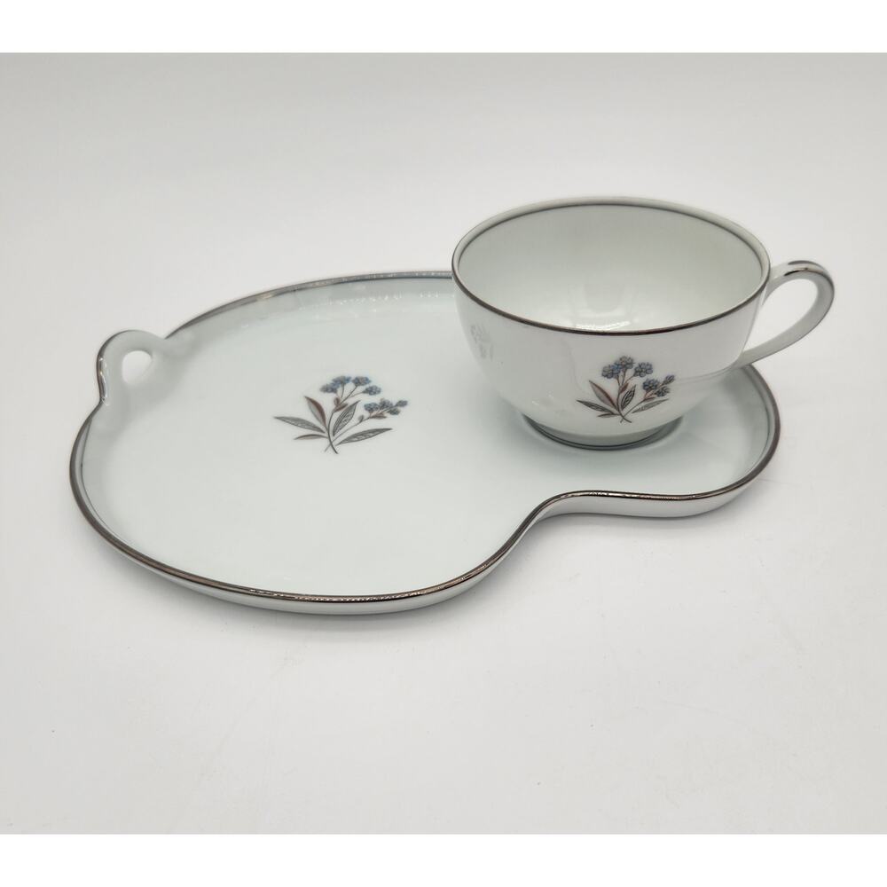 Vintage MCM Noritake Bessie Pattern Snack Set Delicate‎ Blue Flowers Silver Trim